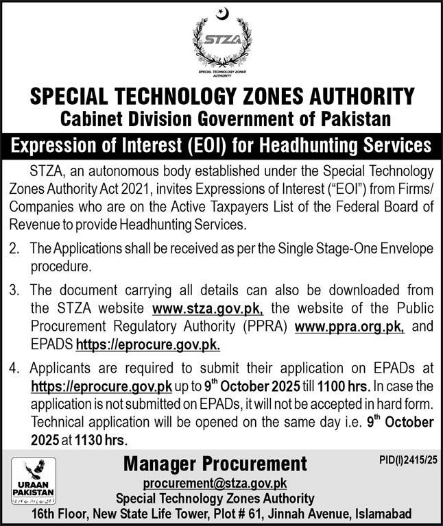 Special Technology Zones Authority Tender Notice